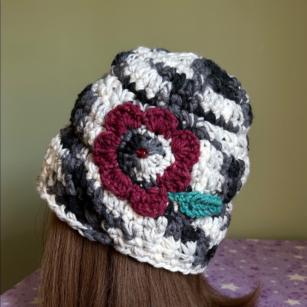 Handmade large Black, White & Gray Crochet Beanie with Burgundy Flower Acrylic